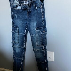 Men’s Women’s GTL4 Distressed Patchwork Denim Cargo Jeans Size 30 x 32